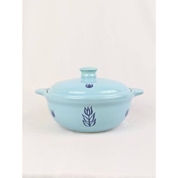 Set of 2 Blue Tulip Pottery Bowls | MCM Blue Crock Pot Individual Casserole Soup - Picture 7 of 9